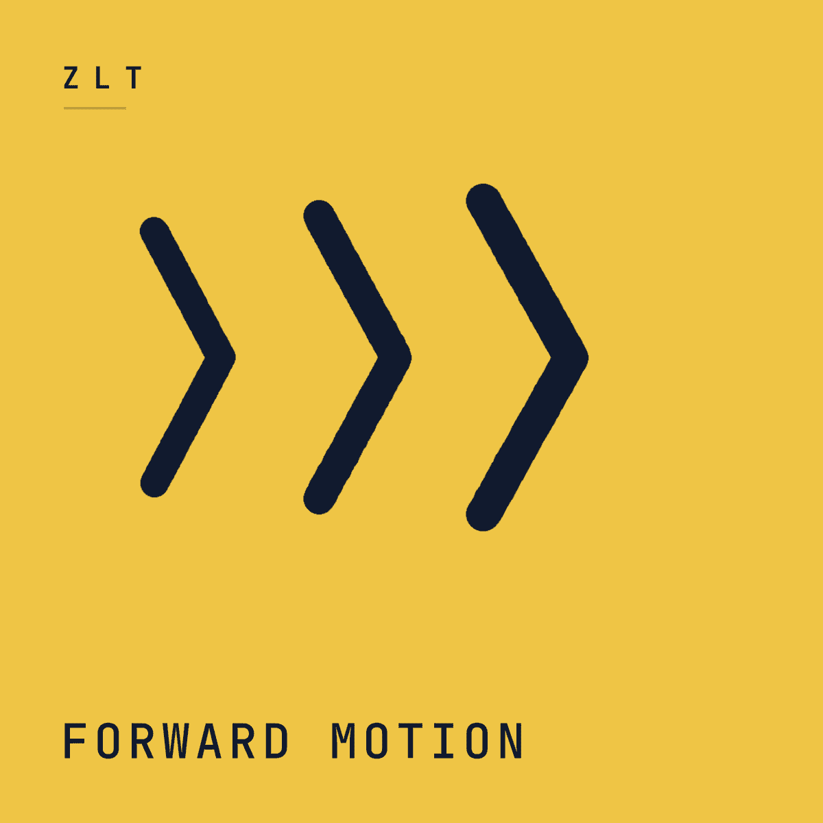Three dark navy chevrons pointing right on a saffron field, captioned FORWARD MOTION
