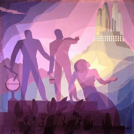 Aaron Douglas's painting Aspiration: silhouetted figures rising from broken chains toward a distant city, in violet and rose