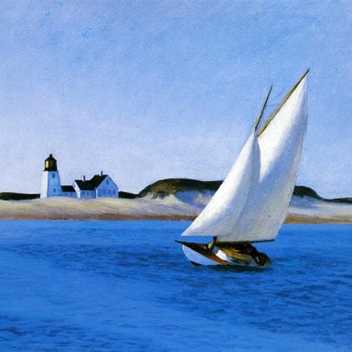Edward Hopper's painting The Long Leg: a white sloop tacking across bright blue water past a lighthouse